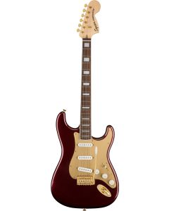 Squier 40th Anniversary Stratocaster, Gold Edition, Laurel Fingerboard, Gold Anodized Pickguard in Ruby Red Metallic
