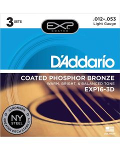 D'Addario EXP16-3D Coated Phosphor Bronze Acoustic Guitar Strings, Light, 12-53, 3 Sets