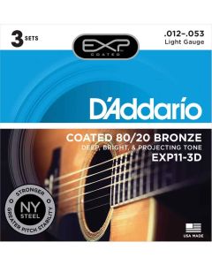 D'Addario EXP11-3D Coated Acoustic Guitar Strings, 80/20, Light, 12-53, 3 Sets