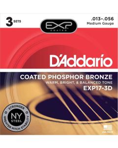 D'Addario EXP17-3D Coated Phosphor Acoustic Guitar Strings, Medium, 13-56, 3 Sets