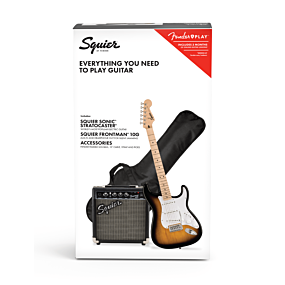 Squier Sonic Stratocaster Pack, Maple Fingerboard in 2-Color Sunburst (Inc Gig Bag and 10G Frontman Amplifier)