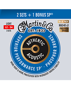 Martin Authentic Phosphor Bronze Acoustic SP Guitar Strings Value Pack 3 Sets 12-54 Gauge