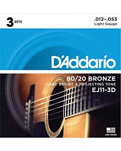 D'Addario EJ11-3D 80/20 Bronze Acoustic Guitar Strings, Light, 12-53, 3 Sets
