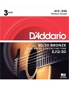 D'Addario EJ12-3D 80/12 Bronze Acoustic Guitar Strings, Medium, 13-56, 3 Sets