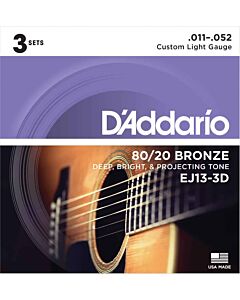 D'Addario EJ13-3D 80/20 Bronze Acoustic Guitar Strings, Custom Light, 11-52, 3 Sets