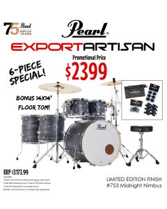 Pearl Export Artisan 5-Piece Drum Kit with Bonus Floor Tom in Midnight Nimbus - Includes Hardware Pack